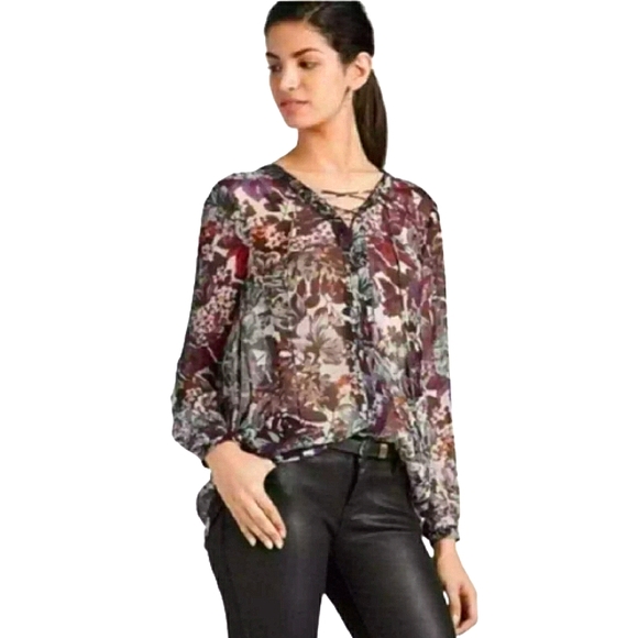 Lucky Brand Tops - Lucky Brand Crepe Floral Lace Up Peasant Blouse Sz Sm